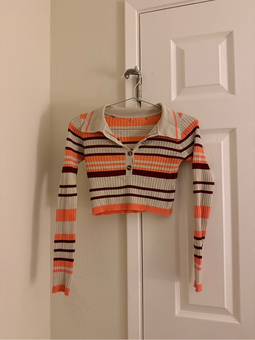 Striped Cropped Polo Top with Collar - Beige Orange